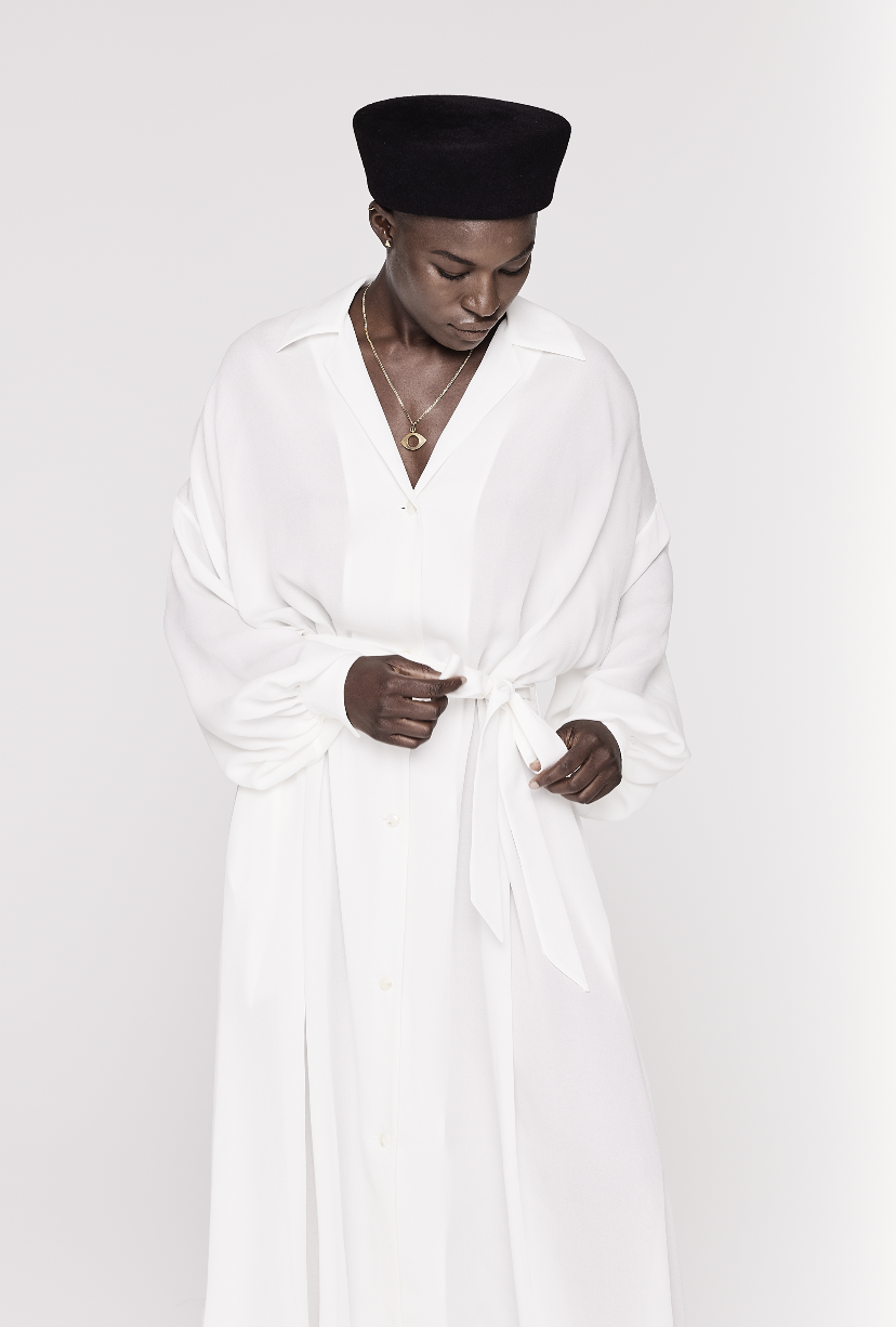 Lady Monk Belted Dress in White Silk
